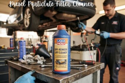 Liqui Moly diesel particulate filter cleaner bottle on a workbench in a car repair shop.
