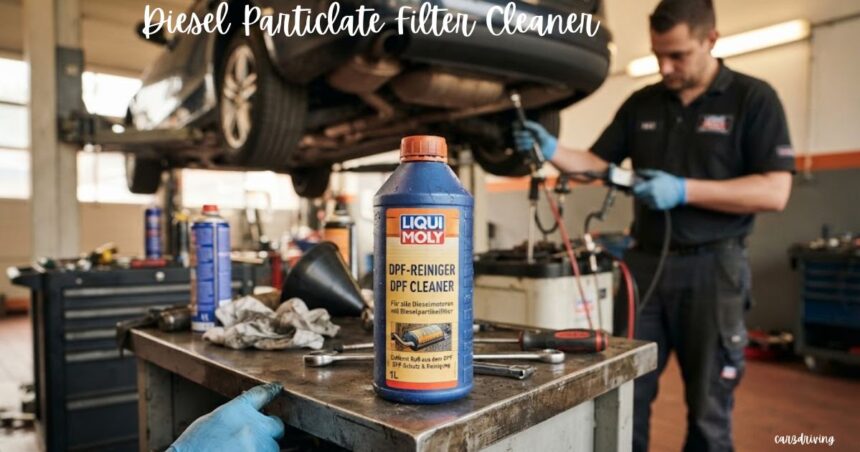Liqui Moly diesel particulate filter cleaner bottle on a workbench in a car repair shop.