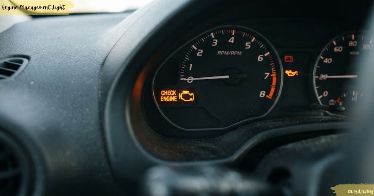 Illuminated engine management light glowing amber on a vehicle dashboard cluster.