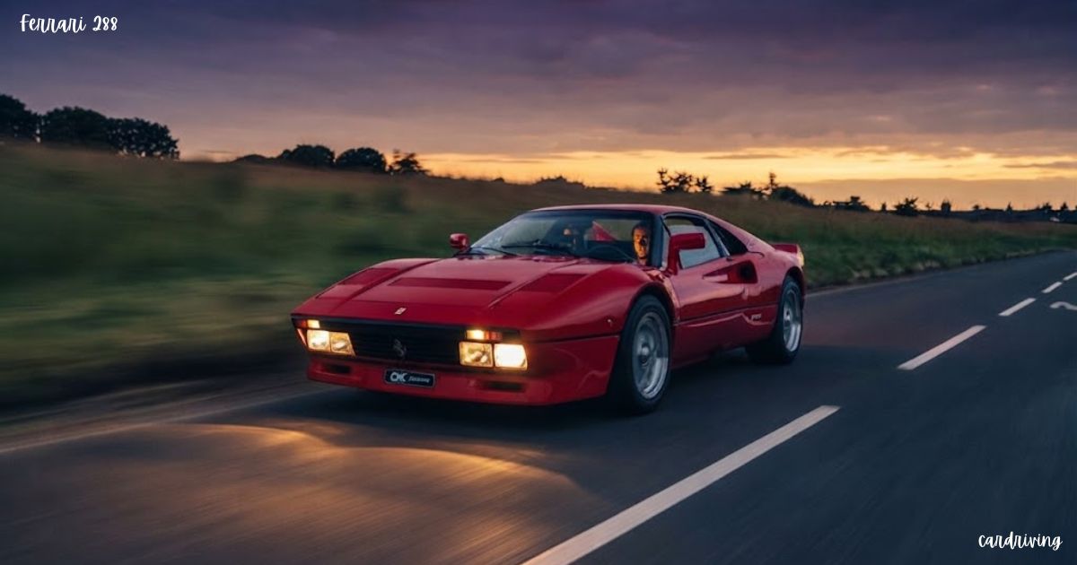 A classic red Ferrari 288 sports car cruising on a paved asphalt highway during golden hour.