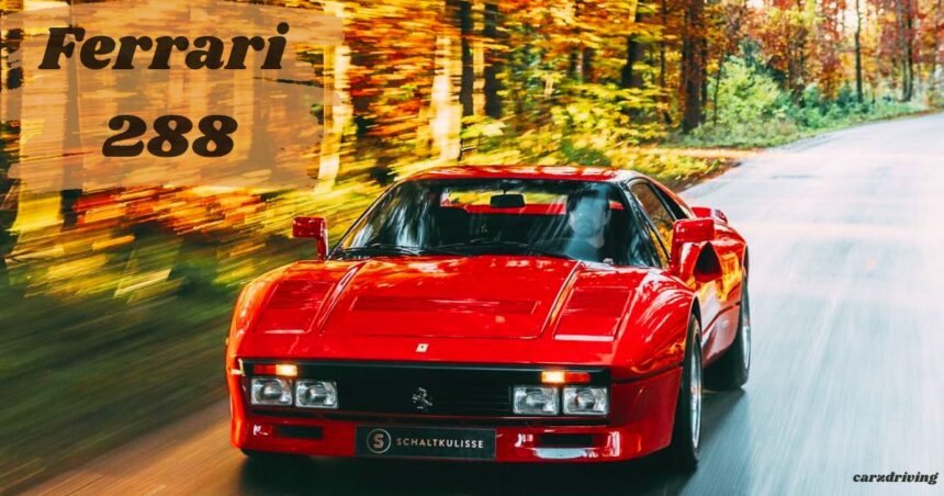 A classic red Ferrari 288 GTO moving fast along a tree-lined asphalt road during peak fall foliage