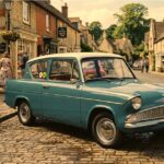 A vintage turquoise Ford Anglia with a white roof is parked on a cobblestone street in a historic village with stone cottages and pedestrians in the background.