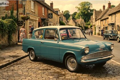 A vintage turquoise Ford Anglia with a white roof is parked on a cobblestone street in a historic village with stone cottages and pedestrians in the background.