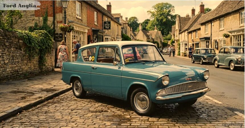 A vintage turquoise Ford Anglia with a white roof is parked on a cobblestone street in a historic village with stone cottages and pedestrians in the background.