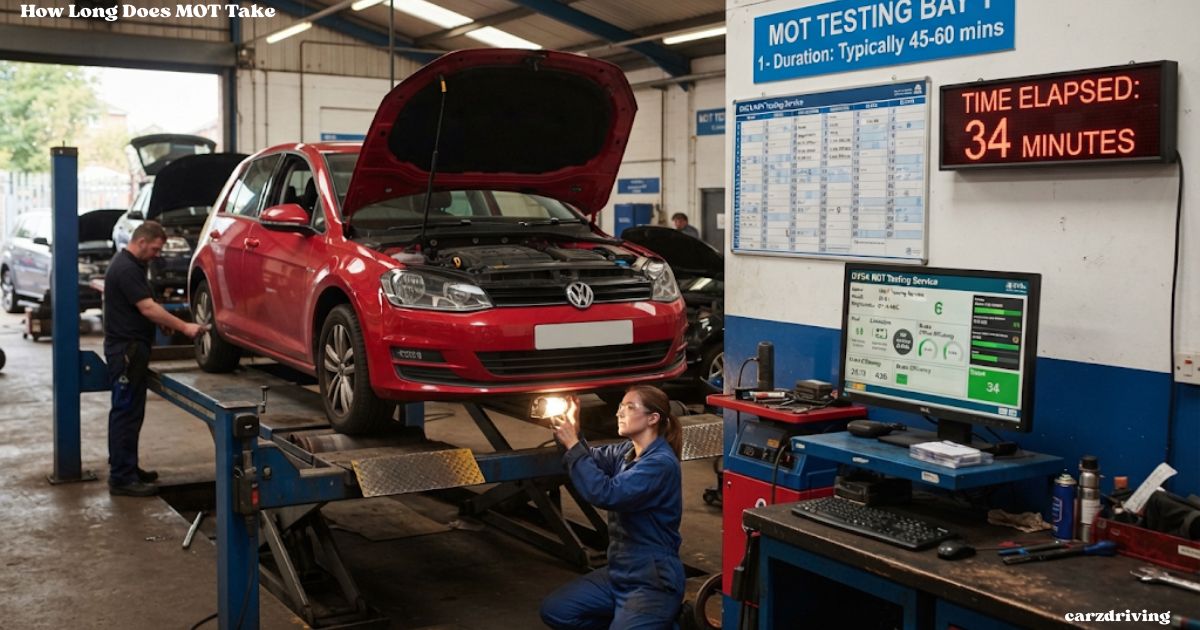 A red Volkswagen hatchback raised on a hydraulic lift inside an automotive workshop during an MOT test, with a mechanic inspecting the front headlights and a digital clock on the wall showing 34 minutes elapsed.