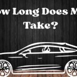 Text overlay "How Long Does MOT Take?" above a white outline graphic of a car set against a dark vertical wooden background.