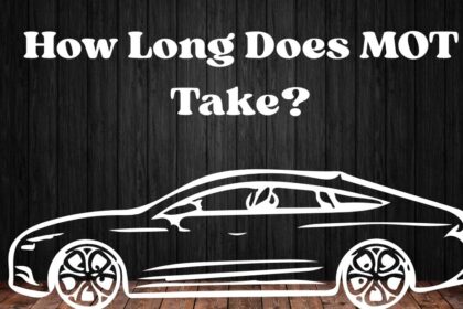 Text overlay "How Long Does MOT Take?" above a white outline graphic of a car set against a dark vertical wooden background.