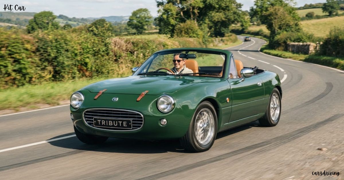 A British racing green Tribute kit car being driven on a winding country road with a driver wearing sunglasses behind the wheel.