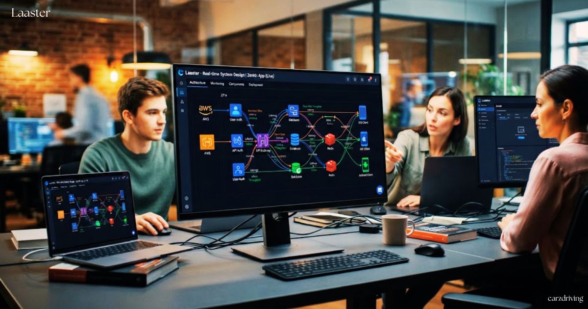 Professionals working on system design using Laaster cloud architecture tools on computer monitors in an office setting.