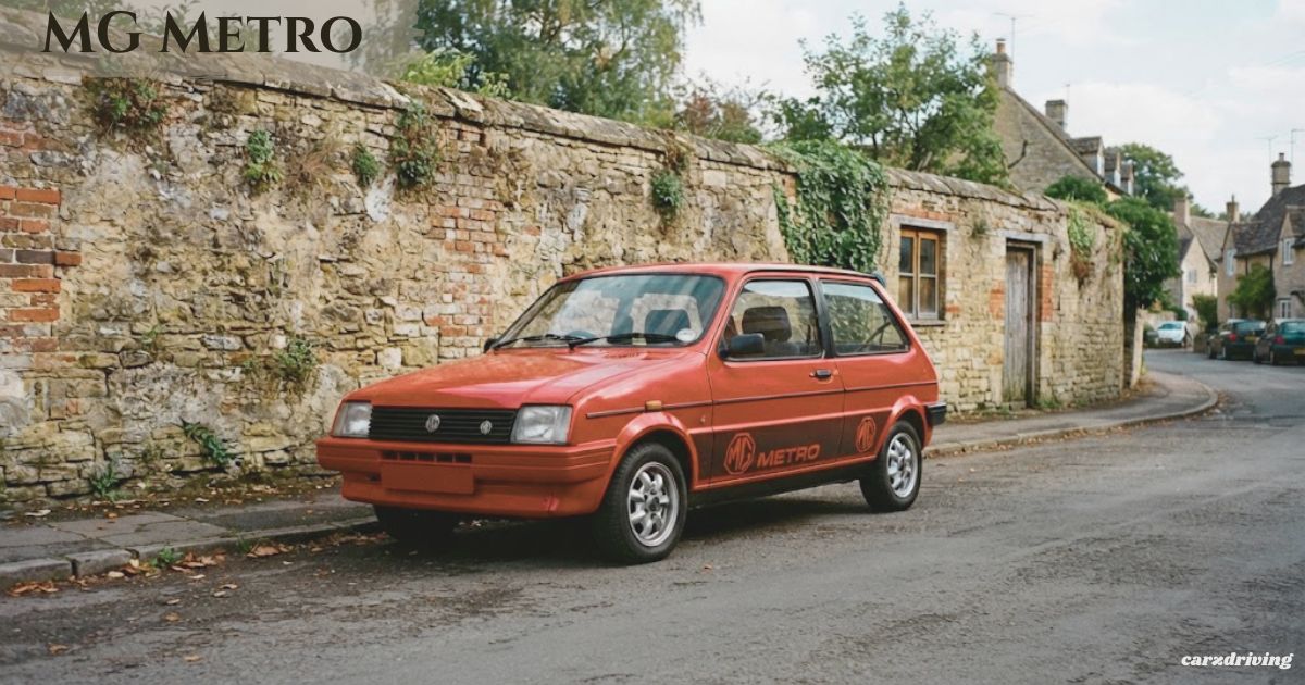 A classic reddish-orange MG Metro hatchback parked on a paved country street beside an old stone wall, featuring dark side graphics with the MG logo and "METRO" lettering, with "MG METRO" text overlayed in the top-left corner.
