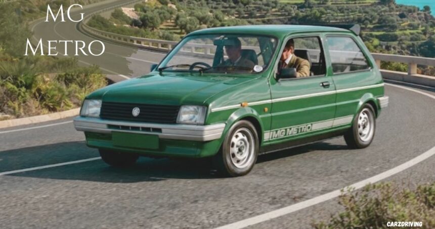 A vintage green MG Metro hatchback driving along a winding coastal road, featuring white side striping with "MG METRO" text, a rear spoiler, and overlay text reading "MG METRO" in the top-left corner.