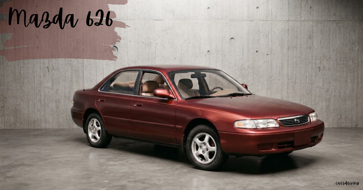 A dark red Mazda 626 parked indoors against a concrete wall