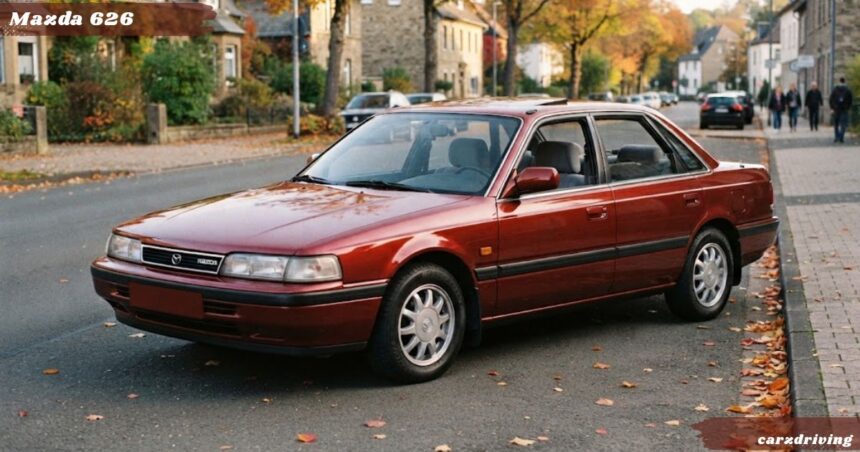 Front three-quarter view of a vintage maroon Mazda 626 midsize sedan parked alongside a curb with autumn leaves
