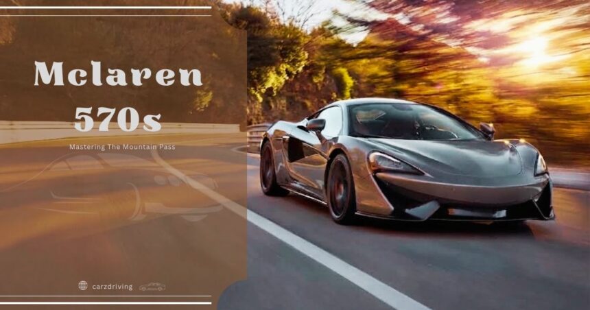 A grey McLaren 570S sports car driving along a scenic mountain road at sunset.