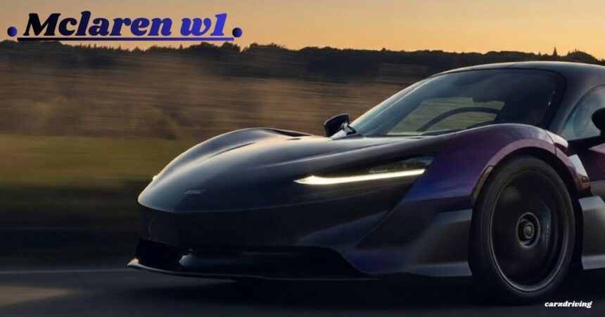 Front three-quarter dynamic shot of a deep purple McLaren W1 super sports car driving fast on a country road at dusk with headlamps illuminated.
