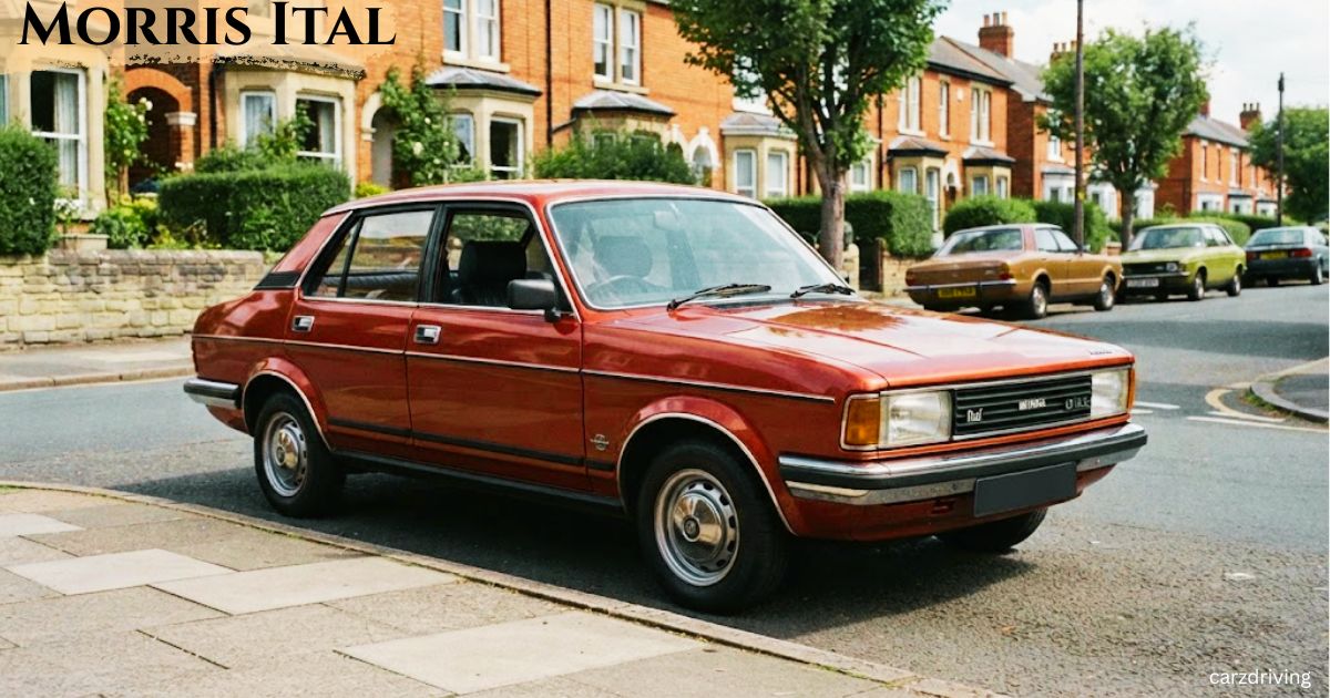 A metallic reddish-brown vintage Morris Ital sedan parked along a residential street lined with brick houses. Text reading "MORRIS ITAL" is visible in the top-left corner.