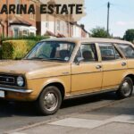 A classic beige vintage Morris Marina Estate car parked on the side of a residential street in front of brick terraced houses
