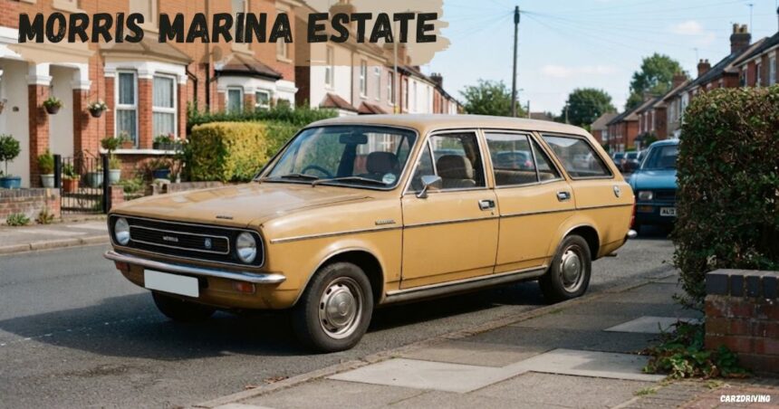 A classic beige vintage Morris Marina Estate car parked on the side of a residential street in front of brick terraced houses