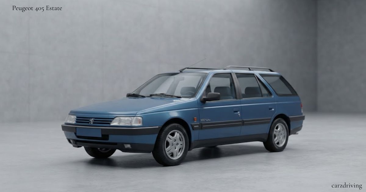 A studio shot of a blue Peugeot 405 Estate parked against a neutral gray background. The vehicle features roof rails and alloy wheels. The text "Peugeot 405 Estate" is displayed in the top left corner, with "carzdriving" in the bottom right corner.