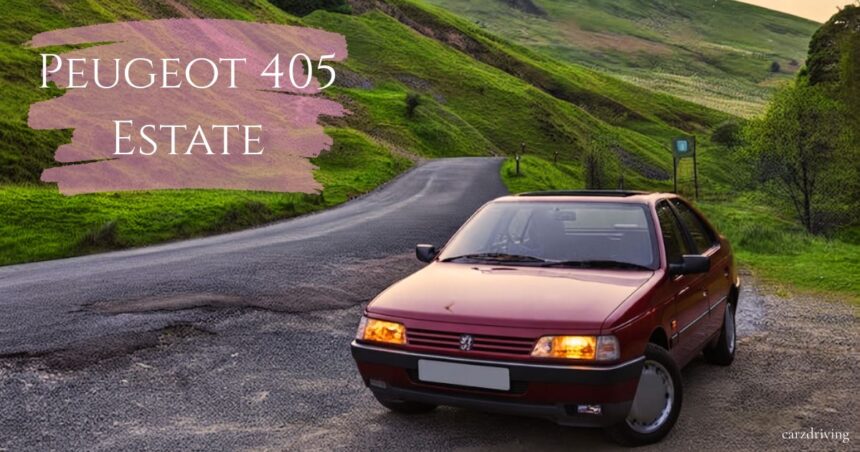 A dark red Peugeot 405 parked on the side of a paved mountain road surrounded by lush green hills. The car's headlights are illuminated, and a purple brushstroke graphic overlay in the top left corner displays the text "PEUGEOT 405 ESTATE" in white.