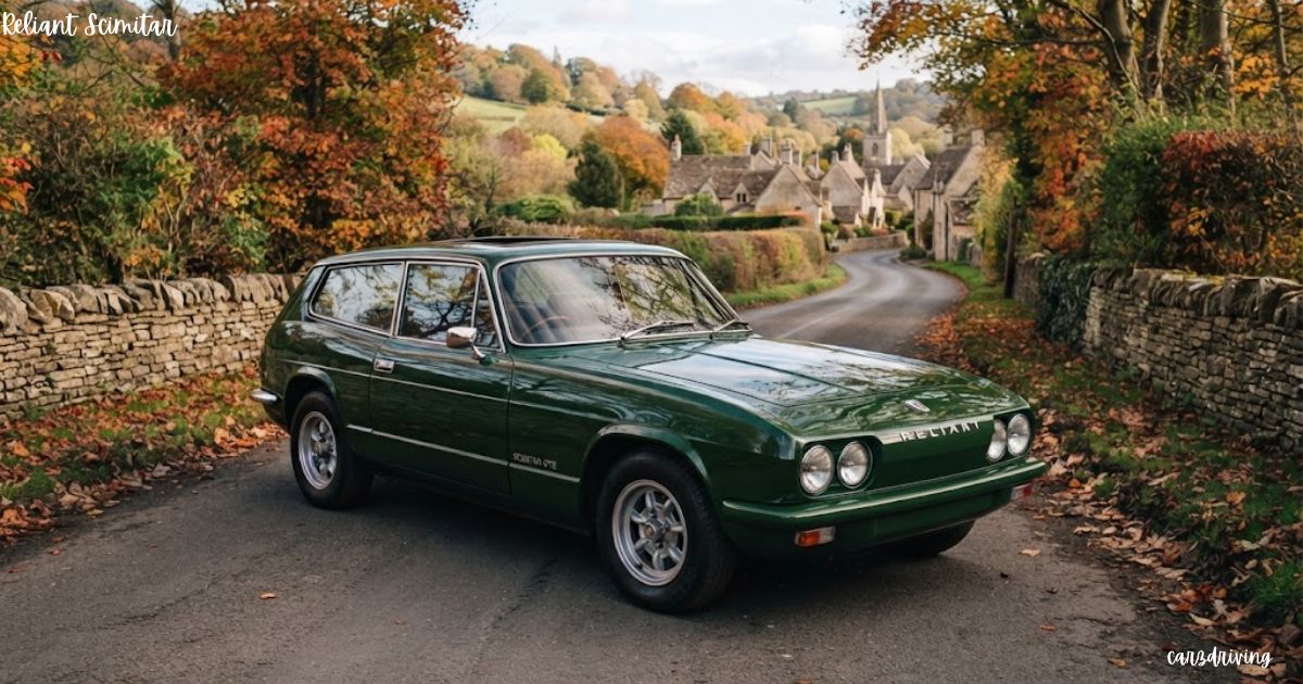 Vintage green Reliant Scimitar sports estate car parked along a winding English country lane during autumn