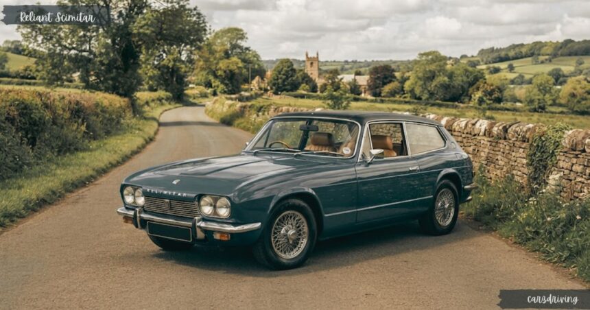 Classic blue-grey Reliant Scimitar GTE parked on a narrow English country road with traditional dry-stone walls and countryside landscape.