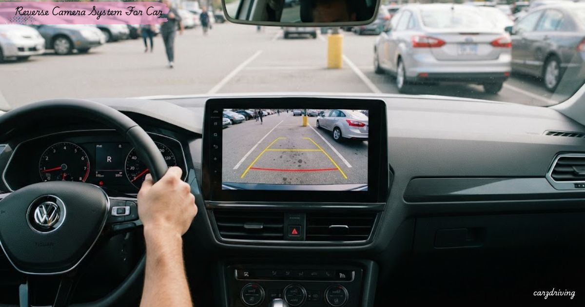 Reverse camera system for car displayed on an infotainment screen, showing a parking lot rear view to assist the driver.
