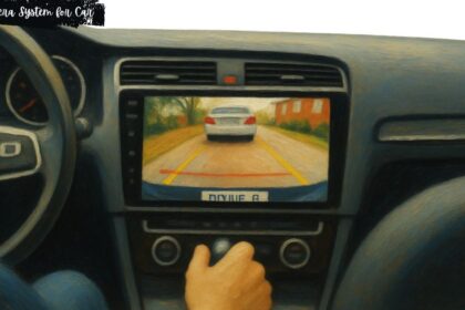 Reverse camera system for car displaying parking guidelines on a center console screen.