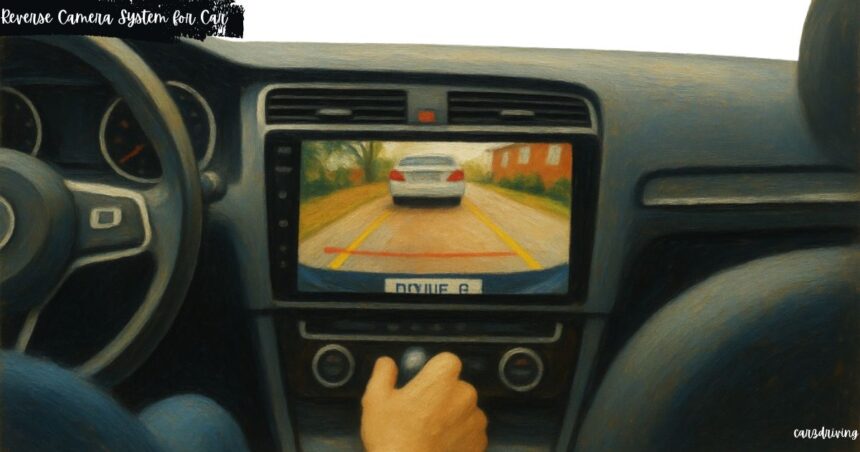 Reverse camera system for car displaying parking guidelines on a center console screen.