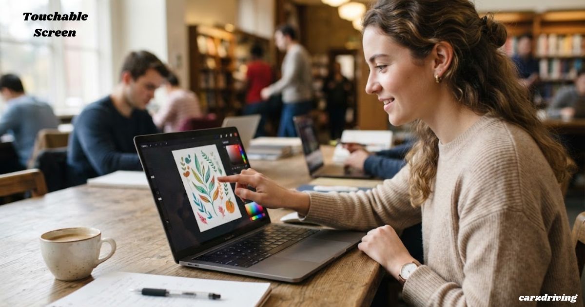 A woman using her finger to interact with the touchable screen on her laptop.
