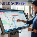 A woman using a large touchable screen interactive kiosk displaying a city map.