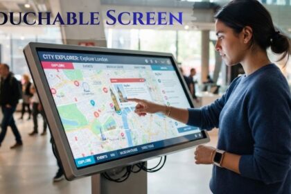 A woman using a large touchable screen interactive kiosk displaying a city map.