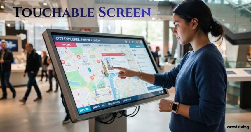 A woman using a large touchable screen interactive kiosk displaying a city map.