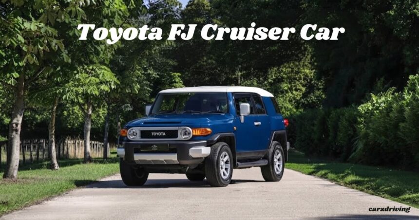 A blue and white Toyota FJ Cruiser car parked on a scenic, tree-lined paved road.