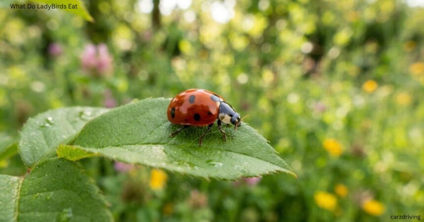 Close-up of a red ladybird with black spots resting on a green leaf outdoors with a soft, blurred green background. On the corner lay What do ladybirds eat
