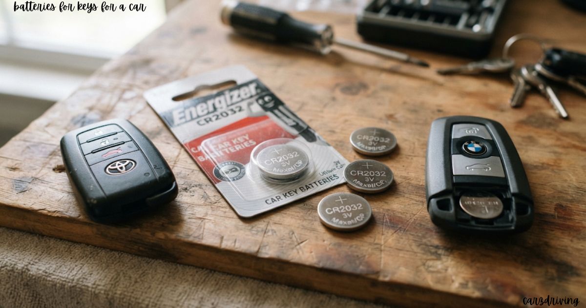 Toyota and open BMW car key fobs with Energizer and Maxell CR2032 batteries on a wooden surface. batteries for keys for a car