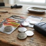Toyota key fob resting next to Energizer CR2032 and Panasonic coin cell car key batteries on a wooden workbench