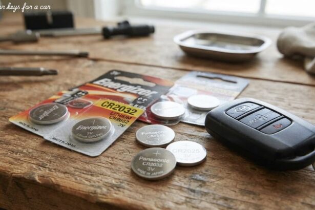 Toyota key fob resting next to Energizer CR2032 and Panasonic coin cell car key batteries on a wooden workbench