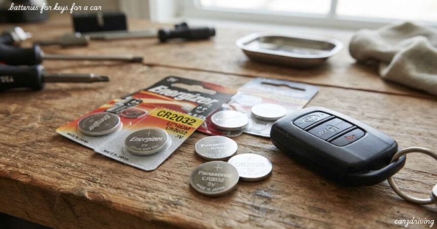 Toyota key fob resting next to Energizer CR2032 and Panasonic coin cell car key batteries on a wooden workbench