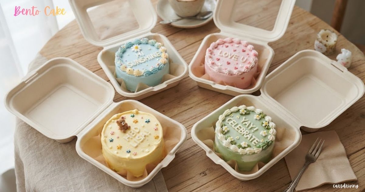 Four mini bento cakes in pastel shades of blue, pink, yellow, and green, each decorated with piped frosting messages inside open eco-friendly takeout containers on a wooden table.