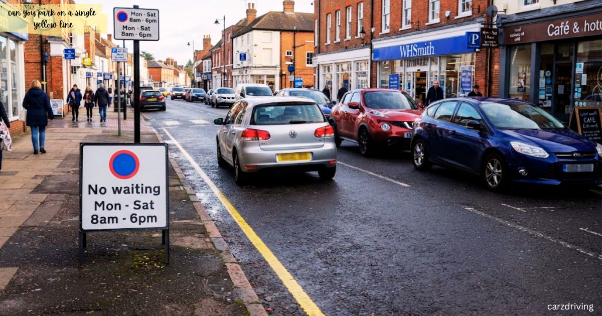 A high street with shops like WHSmith, a single yellow line along the curb, and a temporary sign that reads "No waiting Mon - Sat 8am - 6pm".