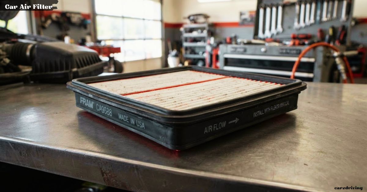 A clean, rectangular FRAM CA9688 car air filter resting on a metal workbench inside an automotive garage.