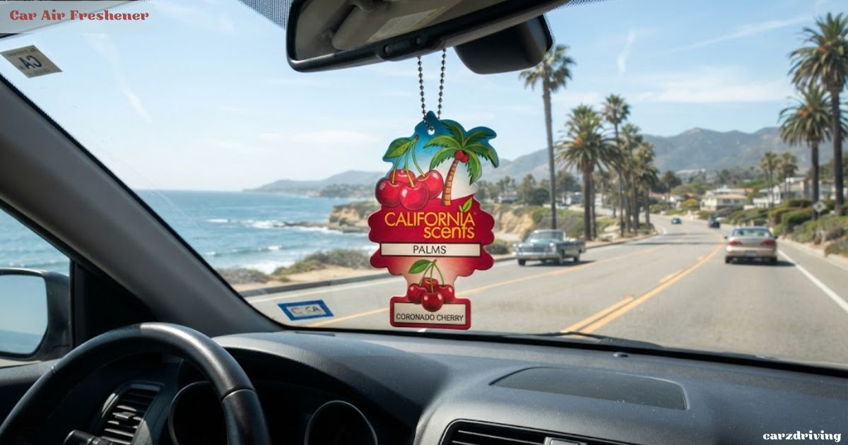 California Scents Palms Coronado Cherry hanging paper car air freshener inside a vehicle driving along a coastal road.