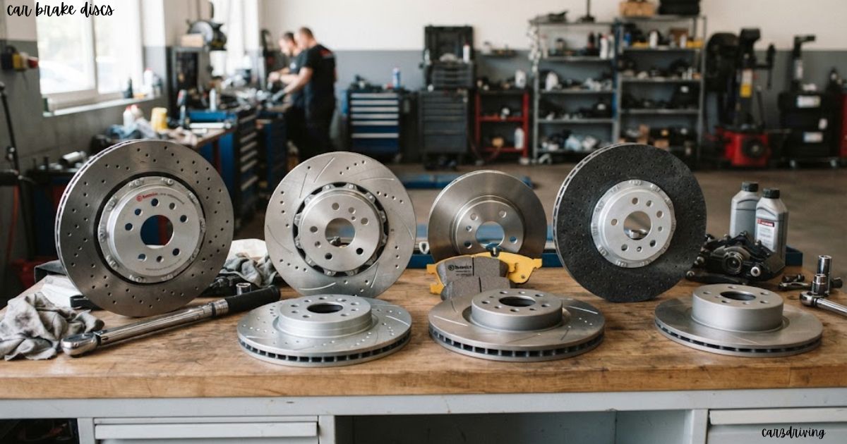 Front and rear performance car brake discs with yellow brake pads on a mechanic workbench.