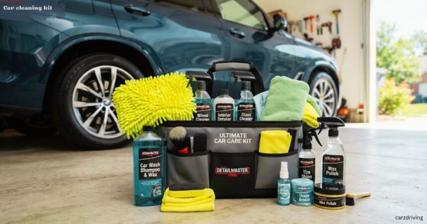 Complete car cleaning kit bag showing Detailmaster Pro car care products, spray bottles, applicator pads, and cleaning cloths set in front of a blue SUV.