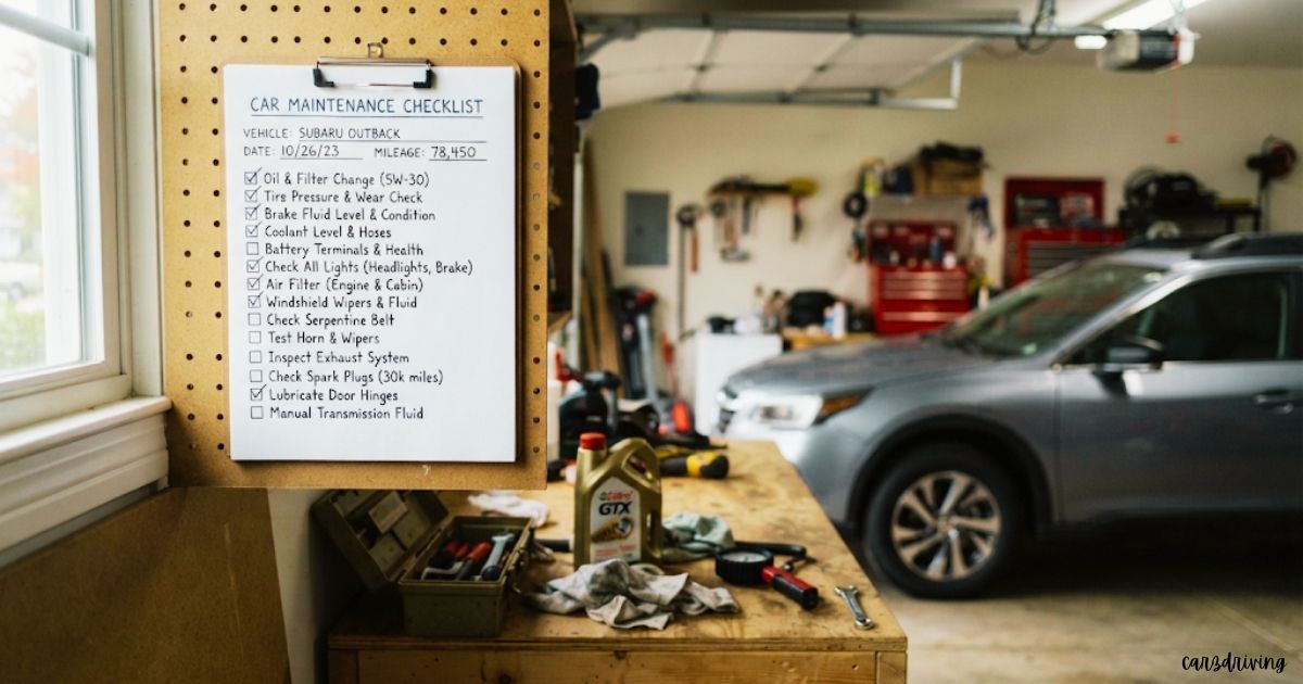 A filled-out "Car Maintenance Checklist" clipped to a pegboard in a home garage, with a wooden workbench, motor oil, tools, and a silver Subaru Outback in the background.