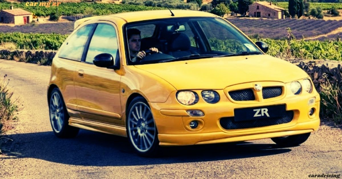 Car MG ZR yellow hatchback car driving on a scenic rural road for automotive blog content.