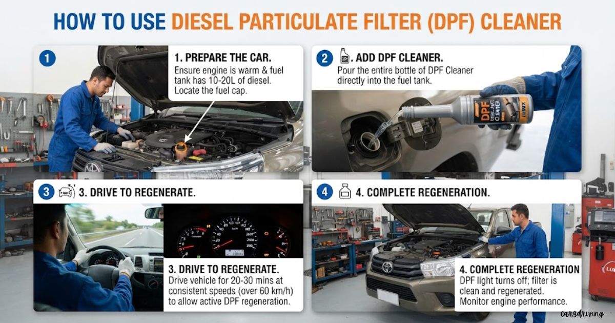 Step-by-step infographic guide on how to use diesel particulate filter cleaner to regenerate a car DPF filter.