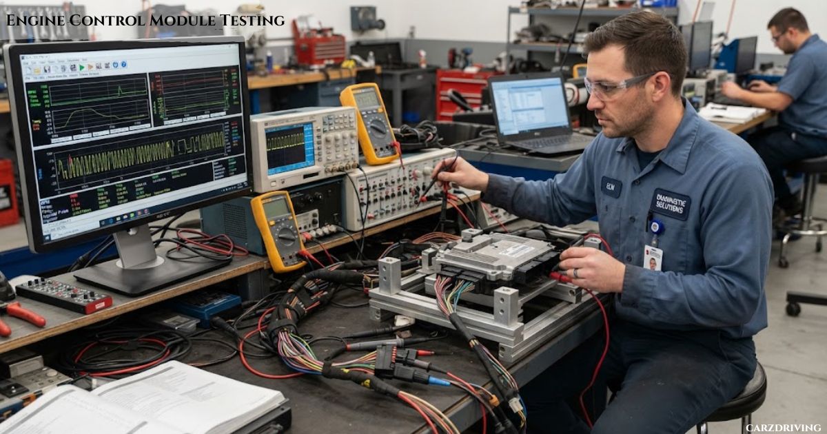 Technician performing engine control module testing using diagnostic equipment and monitors on a workbench