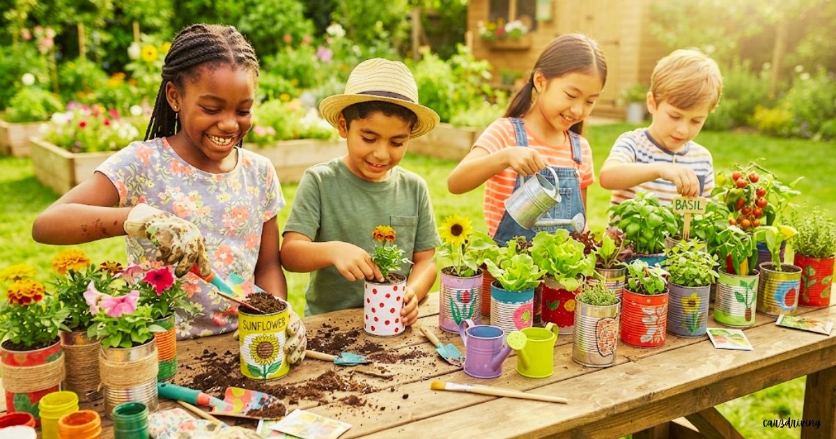 Four happy young children potting flowers and leafy green herbs into brightly painted tin cans on a wooden outdoor table.